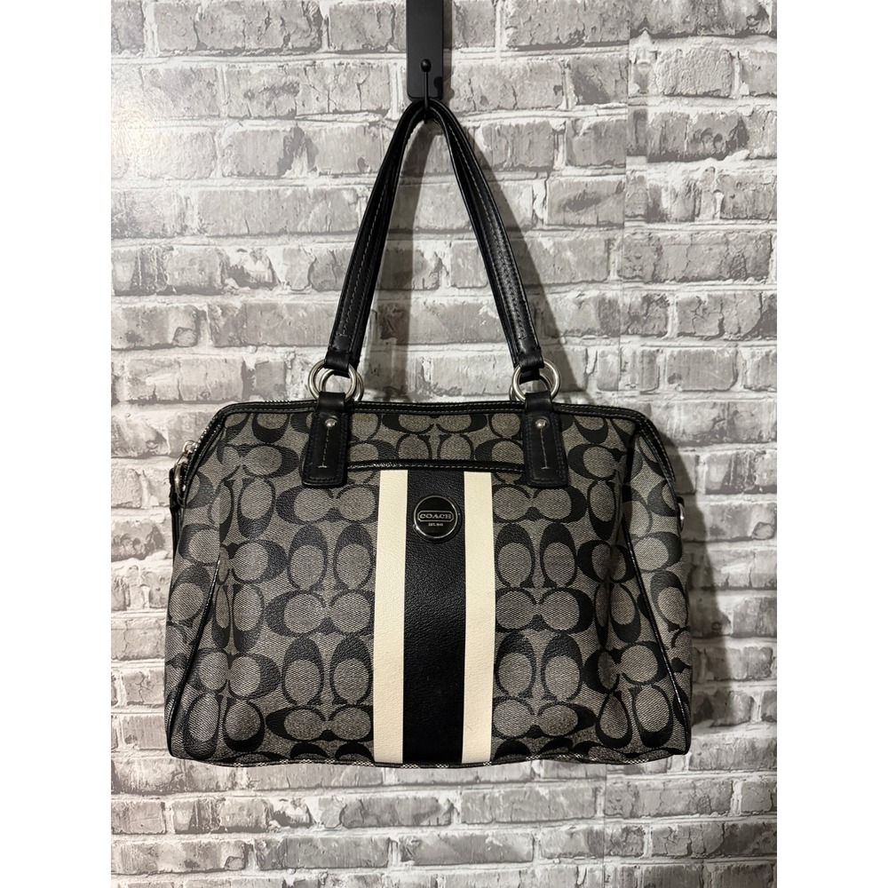 Coach Gray And Black Leather Signature Stripe Satchel Bag